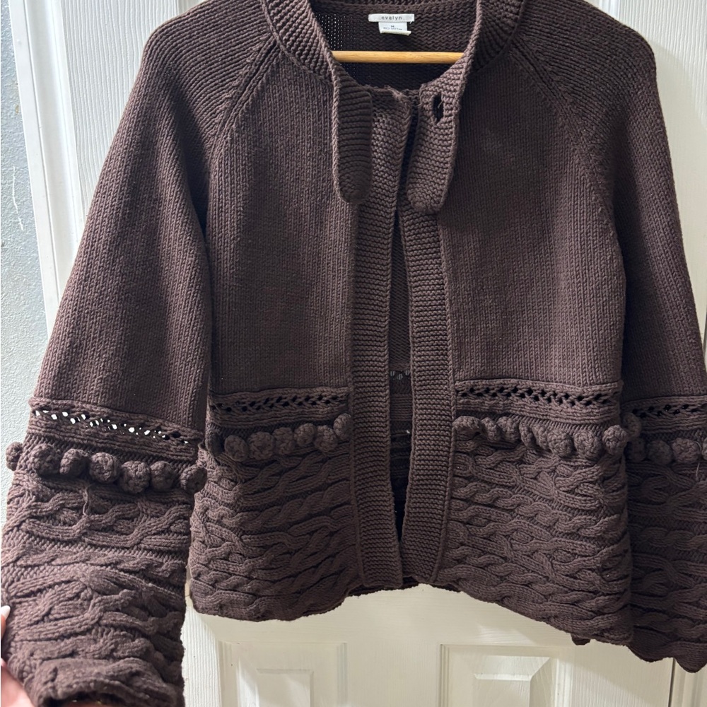 Women's Brown Knitted Boho Style Cardigan Pom Pom Detail - Medium RARE